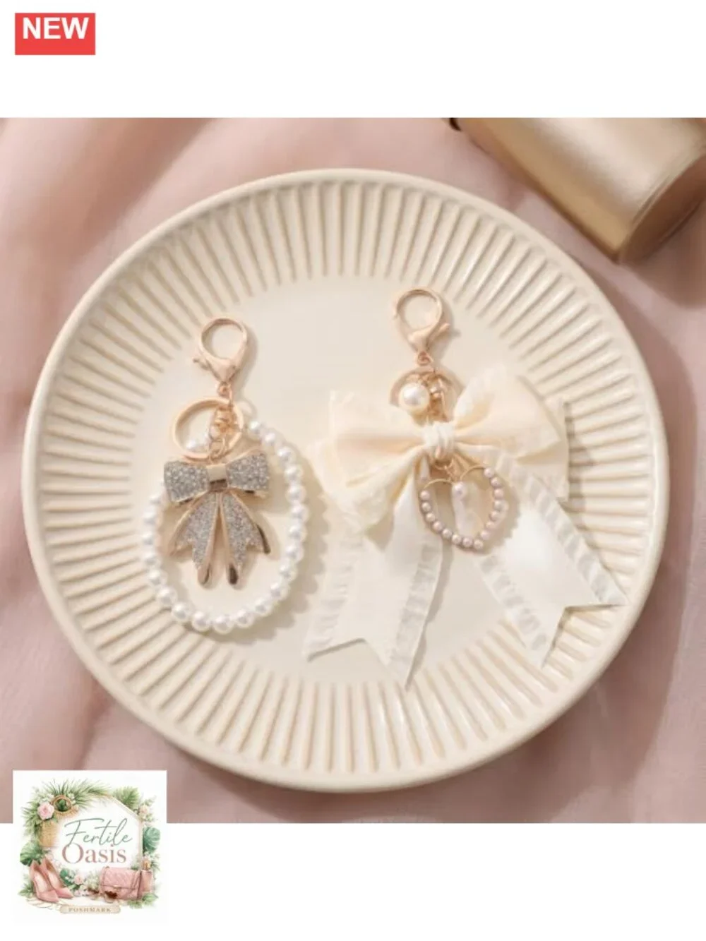 Pearl Bow Keychain Set of 2 - Cute Bag Charm for Purse, Keychain, Wristlet